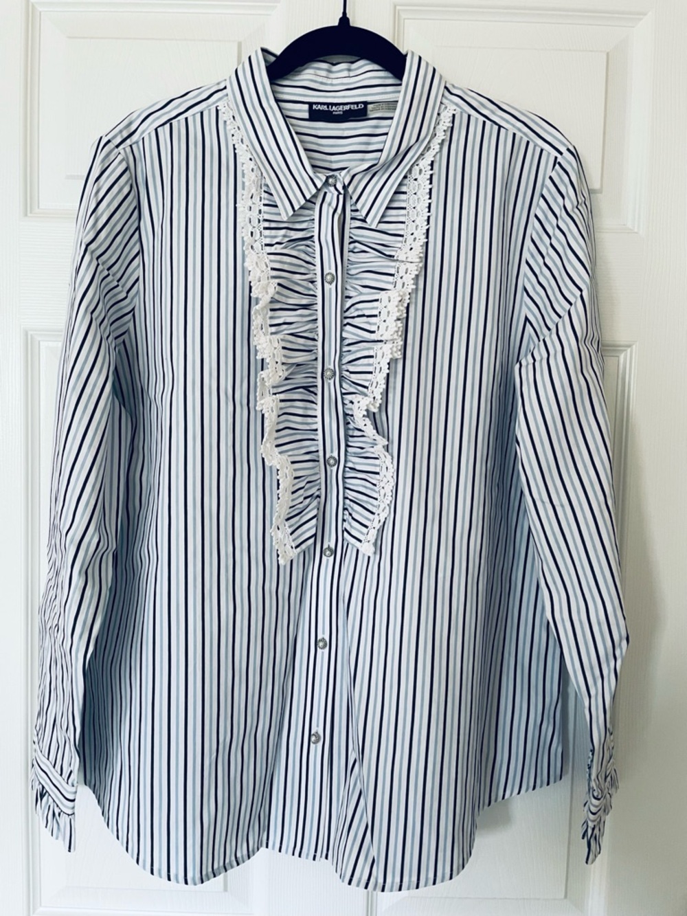 Karl Lagerfeld Paris Striped Ruffle Blouse Lace Trim Pearl Button